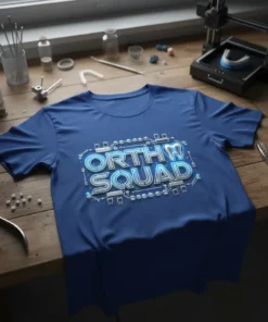 Orth Squad text with tooth graphic on a blue t-shirt, surrounded by dental braces and circuitry elements