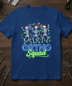 Ortho Squad Christmas t-shirt design with dancing skeletons wearing Santa hats and wrapped in colorful lights
