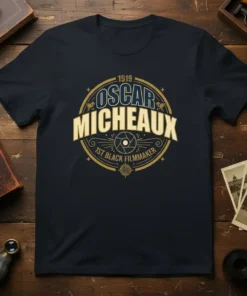 Oscar Micheaux 1st Black Filmmaker t-shirt design featuring vintage circular emblem with film reel and text