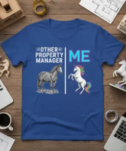 Other Property Manager Me design on a blue t-shirt, featuring a horse and a unicorn comparing property management styles