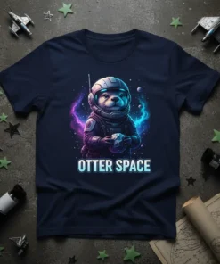 Otter Space T-Shirt with astronaut otter design in space, featuring vibrant galaxy colors and text