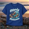 Otterly Awesome t-shirt design featuring three cute otters playing in a wave, with playful typography above and below