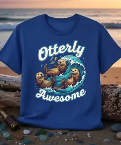 Otterly Awesome t-shirt design featuring three cute otters playing in a wave, with playful typography above and below