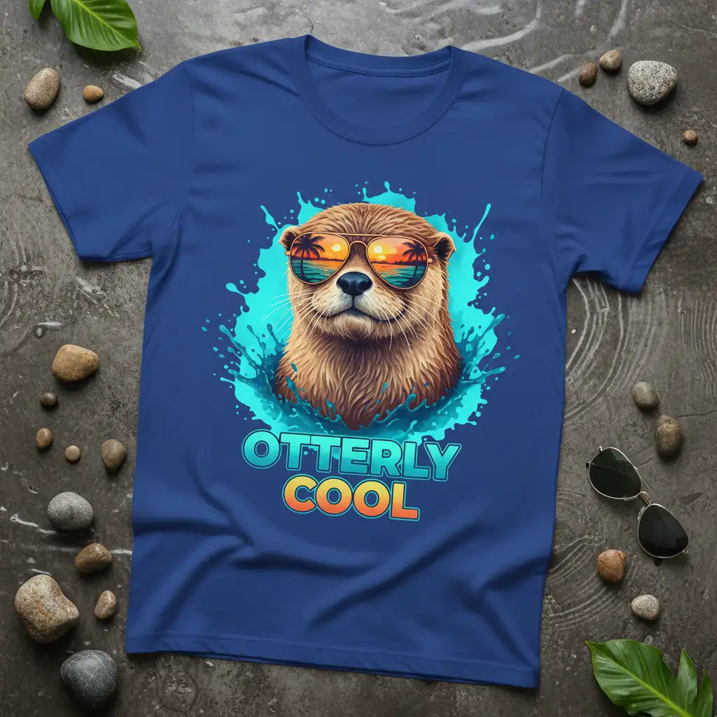 Otterly Cool text with a stylish otter wearing sunglasses, set against a splash graphic
