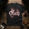 Black t-shirt with "Ouch" text in distressed white and red, surrounded by skeleton hands