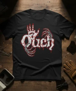 Black t-shirt with "Ouch" text in distressed white and red, surrounded by skeleton hands
