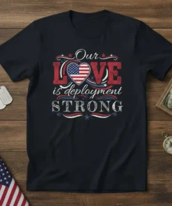 Our Love Is Deployment STRONG t-shirt design with American flag heart and patriotic stars