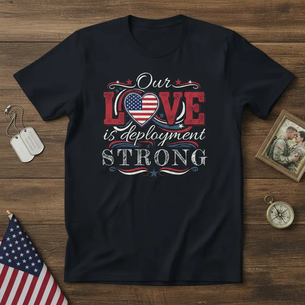 Our Love Is Deployment STRONG quote t-shirt with American flag heart graphic