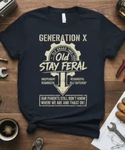 Generation X t-shirt with text "Old Brand Stay Feral" and "Our Parents Still Don't Know Where We Are and Thast