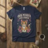 Feminist t-shirt with "Our Pussys Our Choice" text and a cute cat surrounded by roses