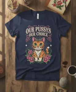 Feminist t-shirt with "Our Pussys Our Choice" text and a cute cat surrounded by roses