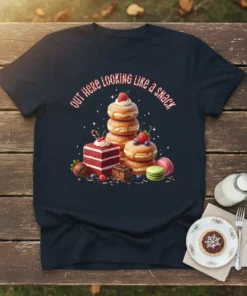 Out Here Looking Like A Snack quote with colorful desserts like donuts, cake, macarons, and strawberries on a dark t-shirt