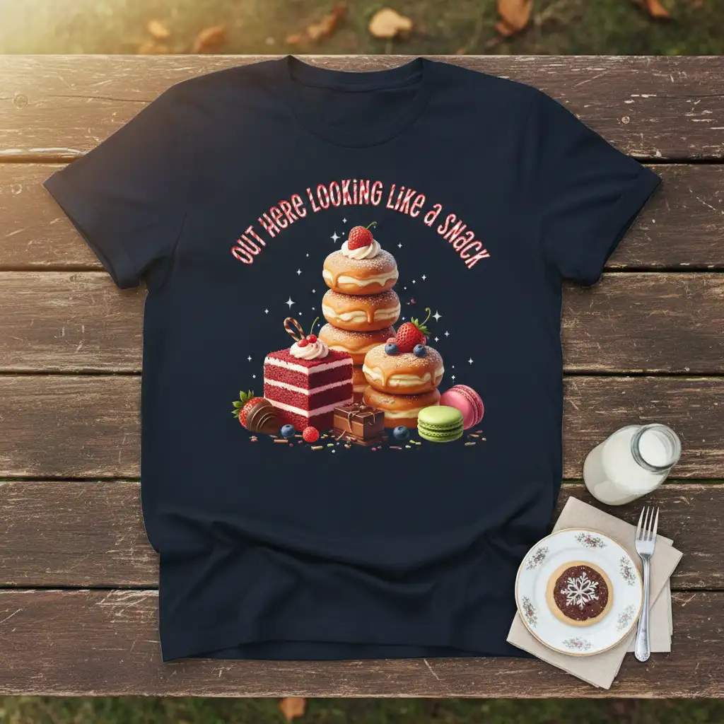 Out Here Looking Like A Snack quote with a vibrant illustration of donuts, cake, macarons, and berries on a t-shirt