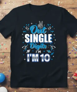 Black t-shirt with blue and silver text "Out SINGLE Digits I'M 10" and a peace sign graphic for a 10th