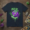 Out of This World t-shirt design with green text, astronauts, a rocket, and a purple planet, set against a starry