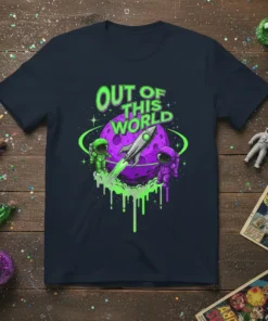 Out of This World t-shirt design with green text, astronauts, a rocket, and a purple planet, set against a starry