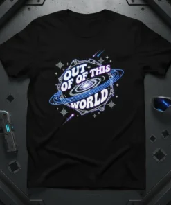 Black t-shirt featuring the text "OUT OF OF THIS WORLD" with a swirling galaxy and planetary rings graphic