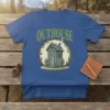 Outhouse vintage cabin design t-shirt featuring a rustic outhouse illustration surrounded by vines