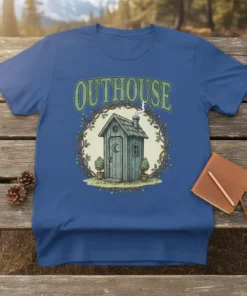 Outhouse vintage cabin design t-shirt featuring a rustic outhouse illustration surrounded by vines
