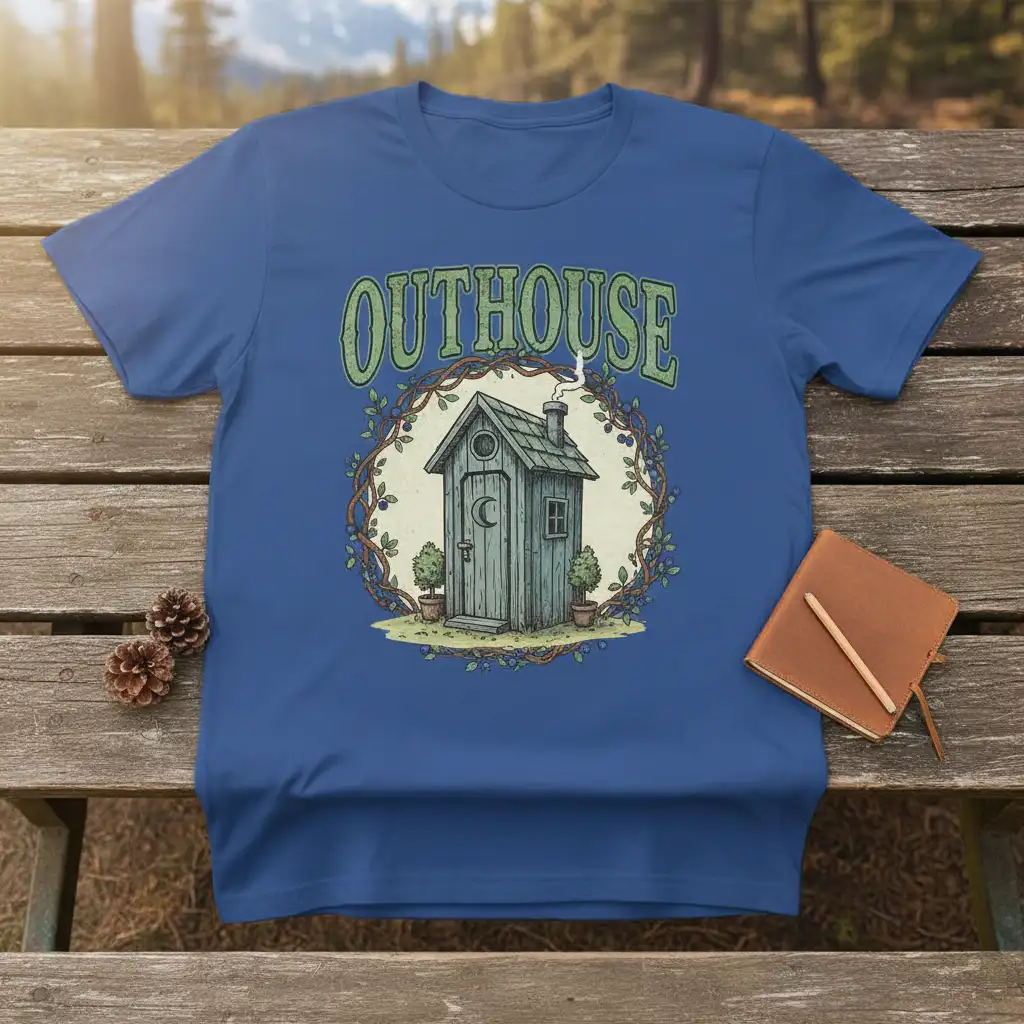 Rustic Outhouse vintage cabin design illustration with vine border and distressed text
