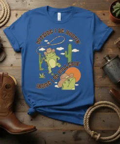 Outside I Be Hootin' Inside I Be Hollerin' funny frog cowboy t-shirt design with desert background