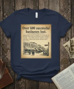 T-shirt design featuring vintage newspaper text "Over 600 successful businesses lost." with a historical town illustration