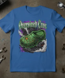 Oversized Croc graphic t-shirt design featuring a large green croc shoe with mechanical elements and smoke