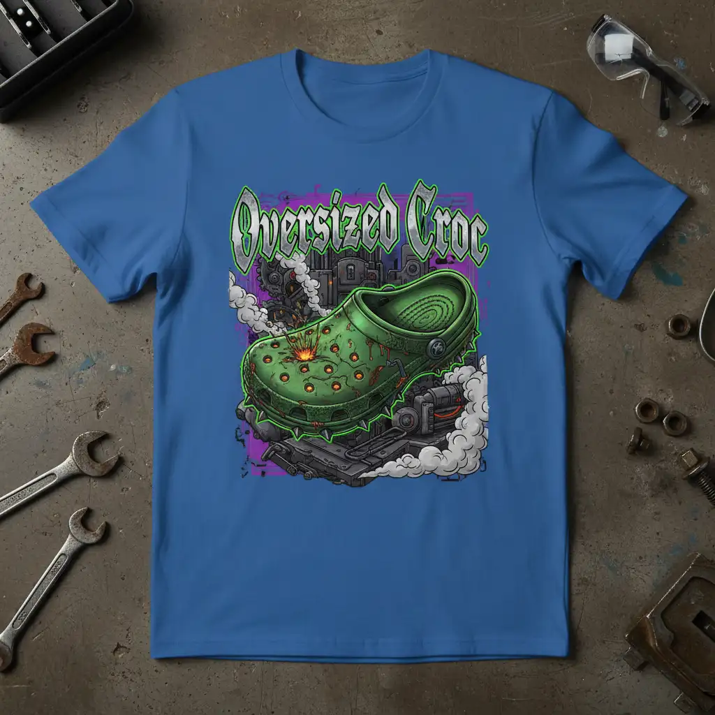 Oversized Croc graphic t-shirt featuring a large green mechanical croc shoe with industrial elements and smoke