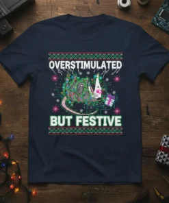 Overstimulated But Festive Opossum Christmas T-Shirt design with a possum entangled in fairy lights and snowflakes