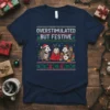 Overstimulated But Festive t-shirt with three opossums in Christmas lights and gifts, ugly sweater pattern