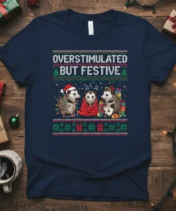 Overstimulated But Festive t-shirt with three opossums in Christmas lights and gifts, ugly sweater pattern