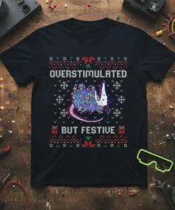 Overstimulated But Festive funny Christmas t-shirt design with a possum tangled in fairy lights and snowflakes