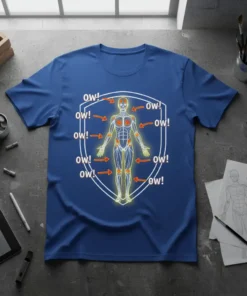 Blue t-shirt with "ow!" text pointing to various joints on a human anatomy diagram