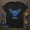 Black t-shirt with a blue and gold geometric owl design and the text "OWL AQUATIC SPIRIT"