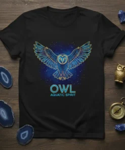 Black t-shirt with a blue and gold geometric owl design and the text "OWL AQUATIC SPIRIT"