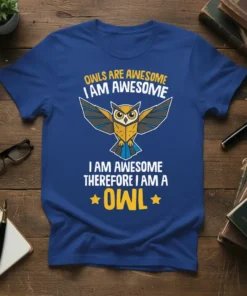 T-shirt with text "Owls Are Awesome I Am Awesome I Am Awesome Therefore I Am A Owl" and a graphic