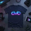 The word "owo" in a neon blue and pink glow effect, set against a dark navy t-shirt design
