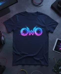 The word "owo" in a neon blue and pink glow effect, set against a dark navy t-shirt design