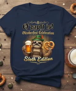 O'zapft is! Oktoberfest Celebration Sloth Edition t-shirt featuring a sloth holding beer and pretzel