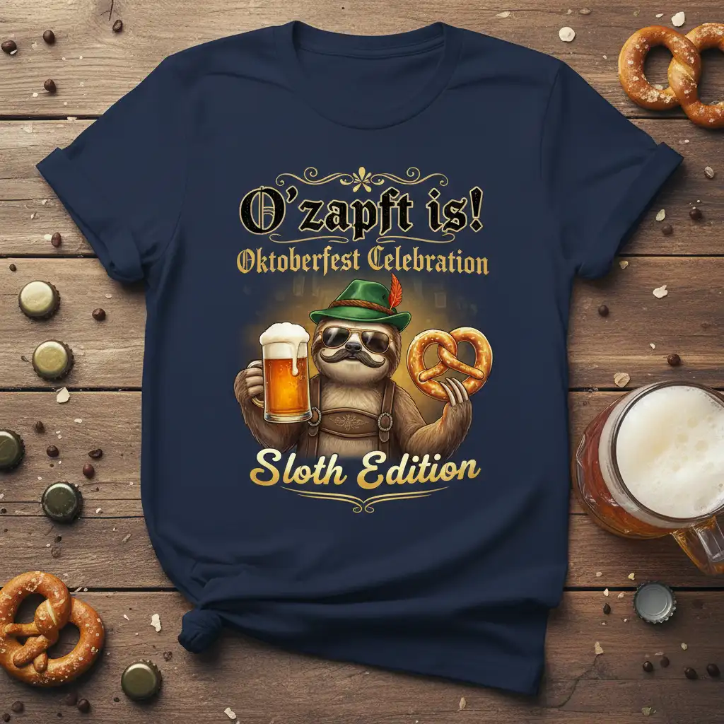 O'zapft is! Oktoberfest Celebration Sloth Edition design with a sloth holding beer and pretzel