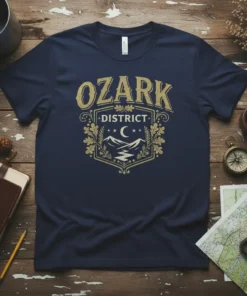 Navy blue t-shirt featuring the Ozark District design with mountains, moon, and oak leaves in gold distressed print