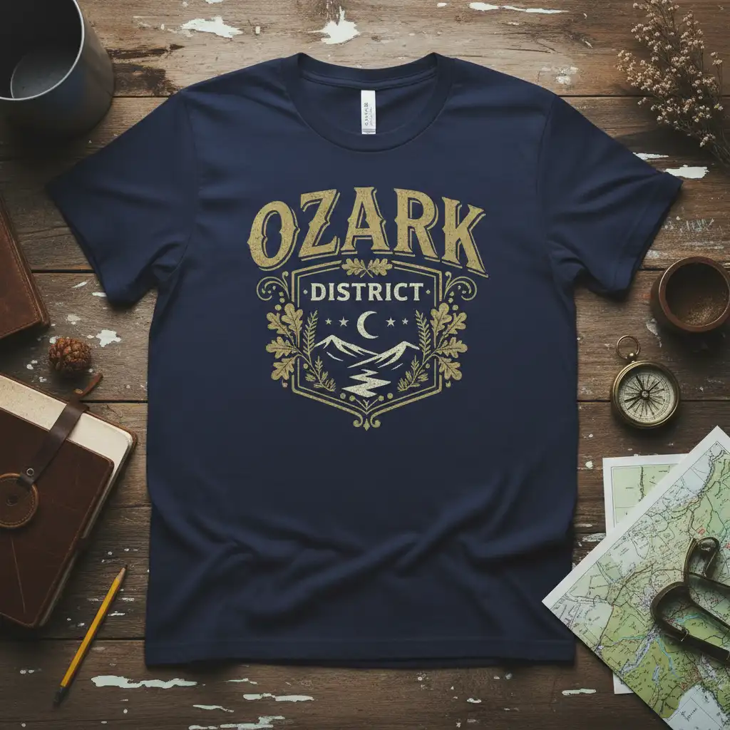 Ozark District vintage design with mountains, moon, and oak leaves on navy t-shirt