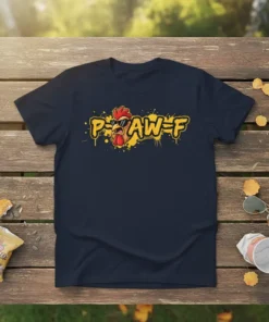 P-AW=F text with a cool cartoon rooster wearing sunglasses on a navy t-shirt