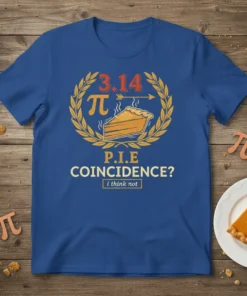 Blue t-shirt with "3.14 P.I.E COINCIDENCE? i think not" text and a slice of pie graphic, set within a laurel