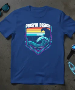 Pacific Beach California California text with a large wave graphic and colorful retro sunset stripes on a blue t-shirt