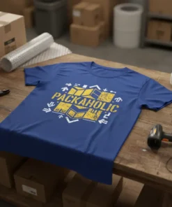 Blue t-shirt with distressed yellow text "PACKAHOLIC" and surrounding box graphics and arrows, on a wooden table with shipping supplies