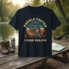 Paddle Faster I Hear Banjos funny canoe t-shirt design with two monkeys paddling and banjo imagery
