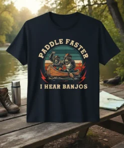 Paddle Faster I Hear Banjos funny canoe t-shirt design with two monkeys paddling and banjo imagery