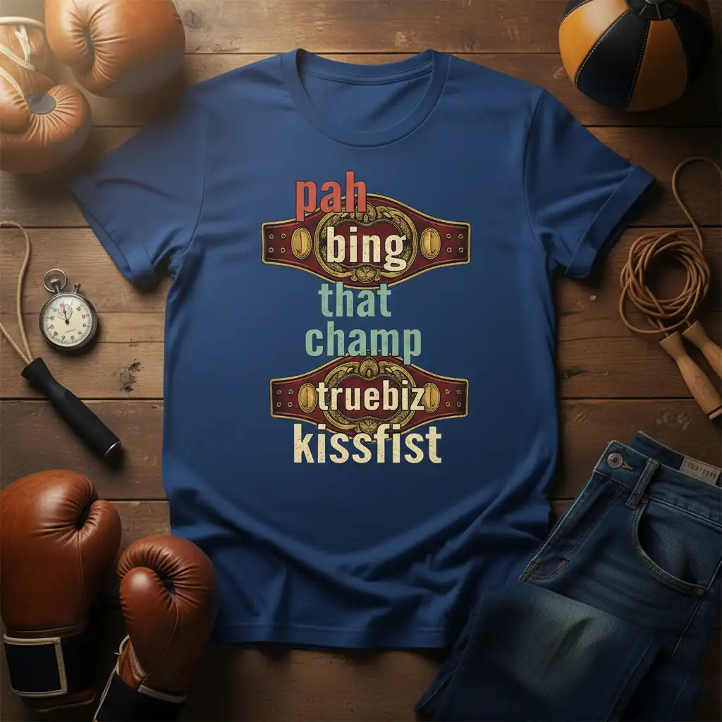 Pah Bing That Champ Truebiz Kissfist boxing quote with championship belt graphics on a blue t-shirt