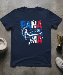 Panama soccer player graphic tee featuring the word Panama in flag colors and a player kicking a soccer ball